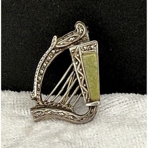 Vintage Connemara Marble Irish Harp Celtic Brooch Signed